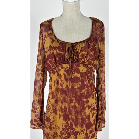 ASOS Ruched Bust Long Sleeve Maxi Dress Womens Size 14 Orange Abstract New - Picture 5 of 16